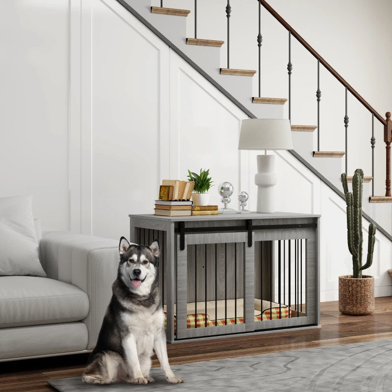 PawHut Hundebox mit Schiebetür, Belüftung, Spanplatte und Stahl, 98 x 58 x 61 cm, Grau(m-2)