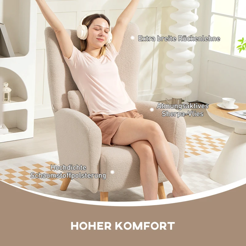 HOMCOM Accentstoel, gestoffeerde fauteuil met pluche bekleding, schuimkussen, oorfauteuil, Beige(m-4)