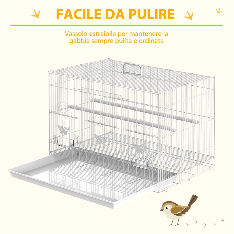 PawHut Gabbia per Uccelli in Metallo con Posatoi, Ciotole per Cibo e Maniglia, 60x41x41cm