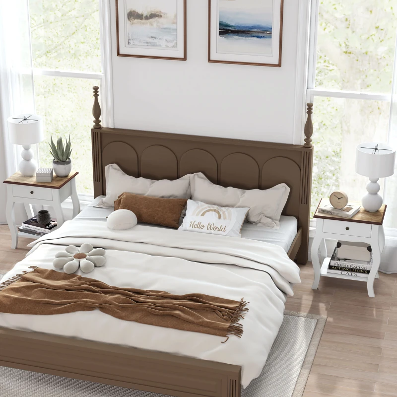HOMCOM Pack de 2 Mesitas de Noche con Cajón Estante Abierto y Tapa Efecto Roble Estilo Francés 45x35x55 cm Blanco y Roble