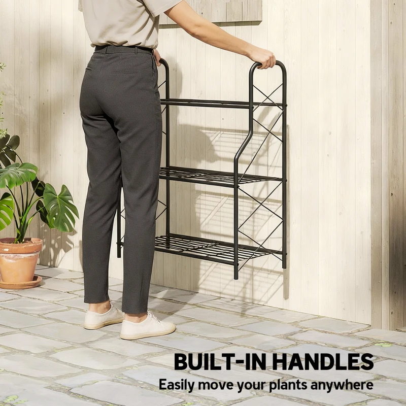 Outsunny 3-Tier Metal Plant Stand, Heavy Duty Ladder Shelf Potted Plants Display Rack, Indoor Outdoor Flower Pot Holder