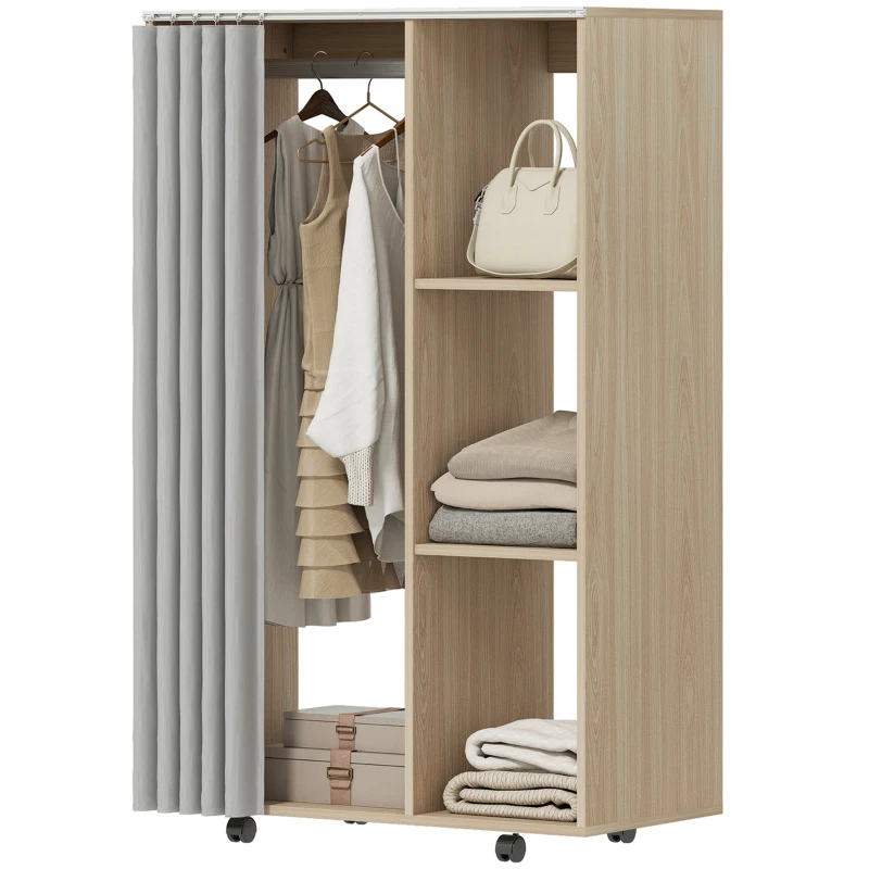 HOMCOM Armoire penderie vêtement dressing mobile 4 roulettes tringle à vêtements et étagères 80x40x128cm, effet bois naturel(m-12)