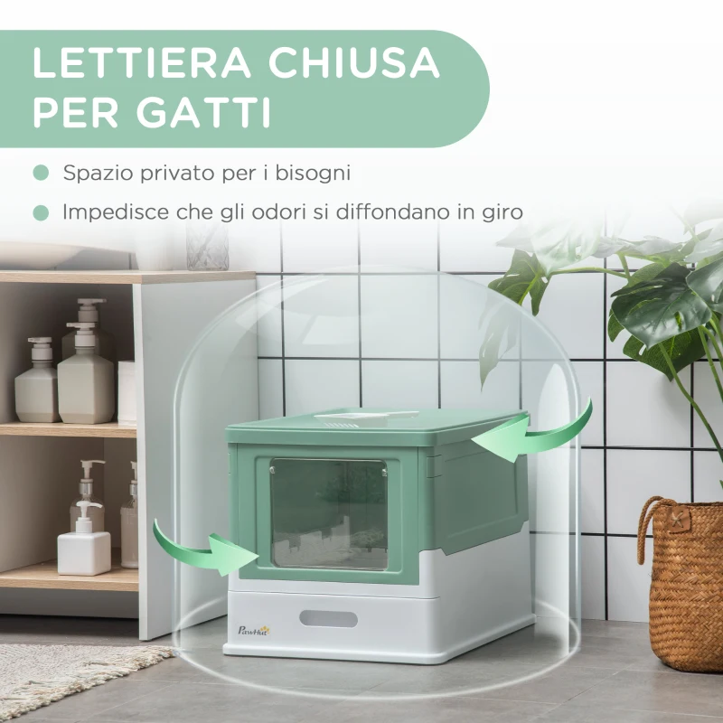 PawHut Lettiera per Gatti Chiusa con Paletta, Vassoio Estraibile e 2 Porte, 47.5x35.5x36.7cm, Verde