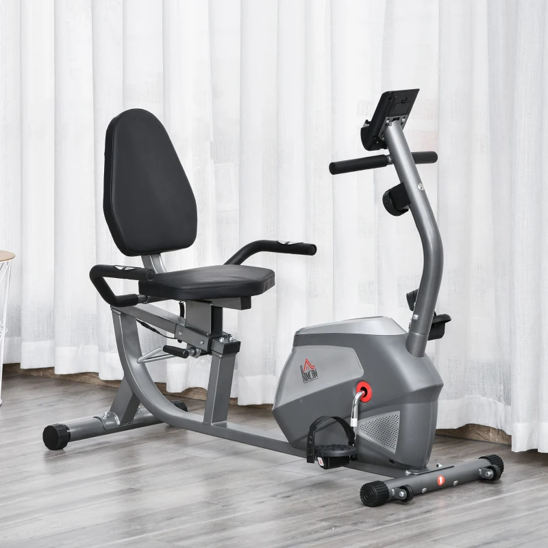 HOMCOM Cyclette Orizzontale con Seduta Regolabile, 8 Resistenze e Monitor LCD, 121.5-136x62.5x98cm, Grigio