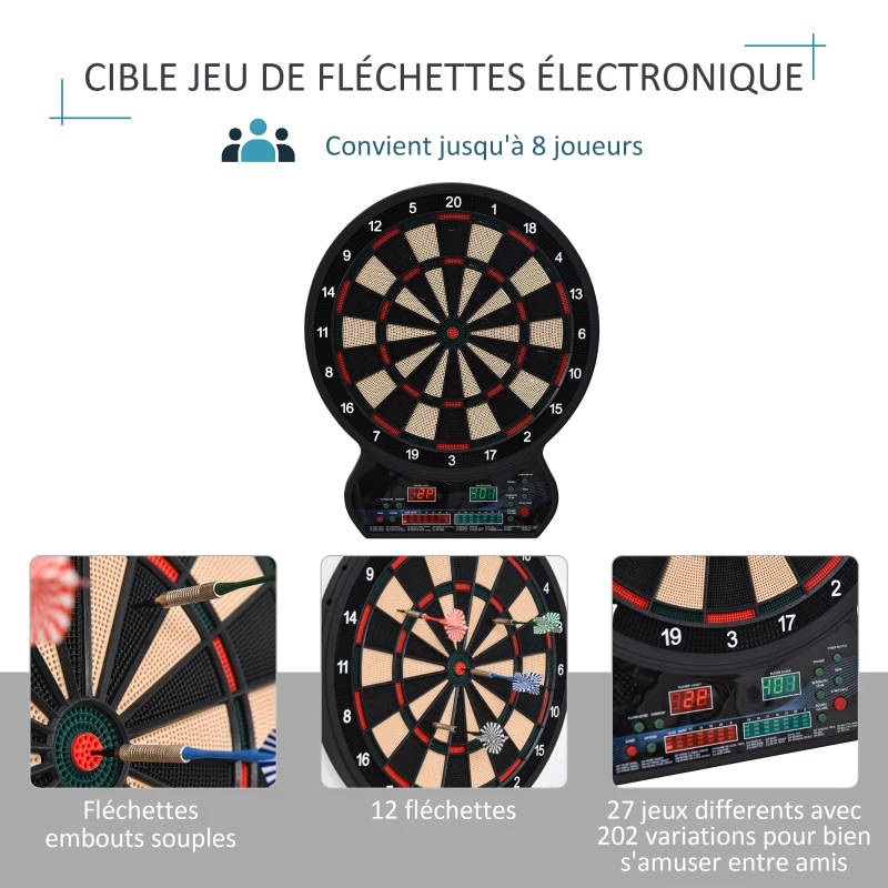 HOMCOM Cible Jeu de fléchettes électronique 27 Jeux Principaux et 202 variations, jusqu'à 8 Joueurs, avec 12 fléchettes Pointes Souples, 30 pointes de rechange, Affichage LED Noir