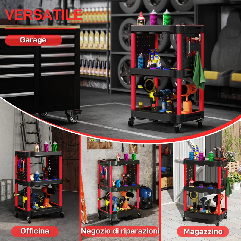 HOMCOM Carrello Porta Attrezzi a 3 Livelli in Plastica con Pannello Forato Laterale, Nero e Rosso