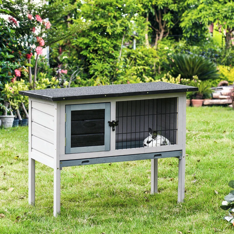 PawHut Conigliera Rialzata in Legno da Esterni con Tettuccio Apribile e Vassoio per Roditori 86x45x70cm