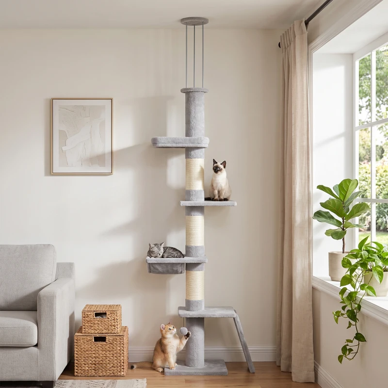 PawHut Plafondhoge krabpaal 230–260 cm, verstelbaar, met 5 niveaus, 3 dikke sisalpalen en sisal krabmat
