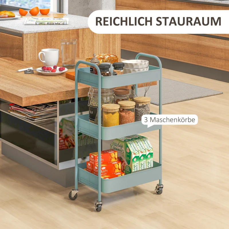 HOMCOM Multifunctionele Keukenkar, 3 Planken, 4 Wielen, 45 cm x 30,6 cm x 79 cm, Lichtblauw