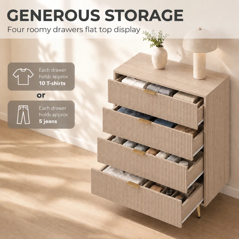HOMCOM Bedroom Chest of Drawers with 4 Drawers, Fluted Dresser with Gold Tone Handles, Storage Cabinet, Natural