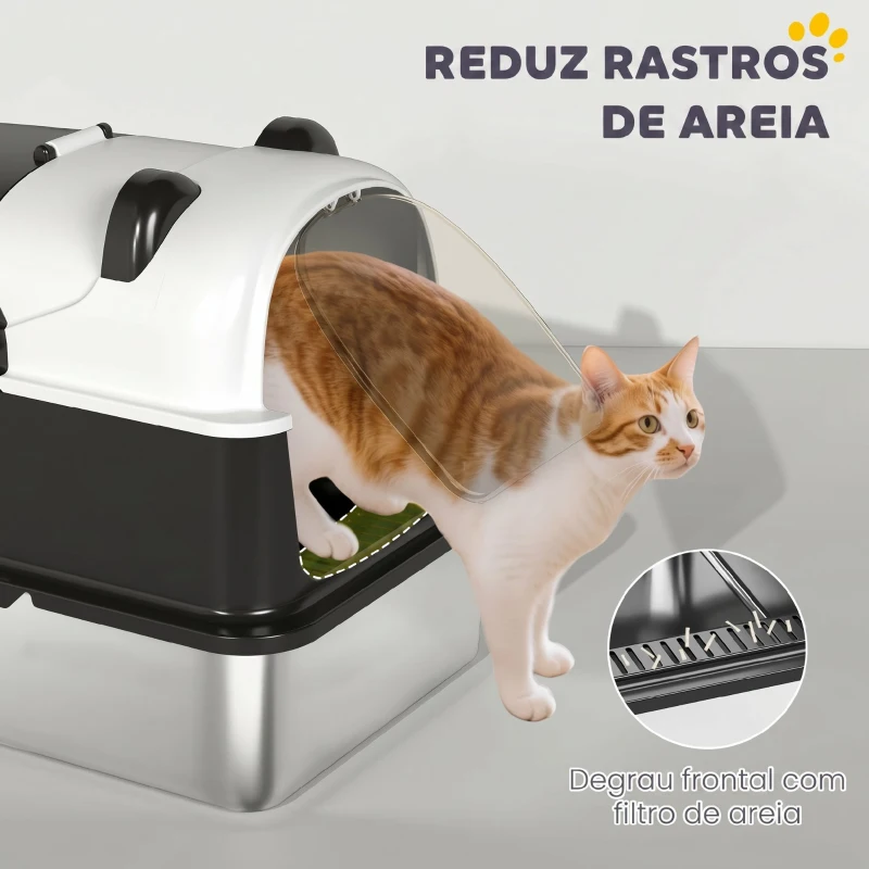 PawHut Caixa de Areia para Gatos Grandes XL em Aço Inoxidável com Tampa Rebatível, Pá e Desodorizante, Panda, Preto