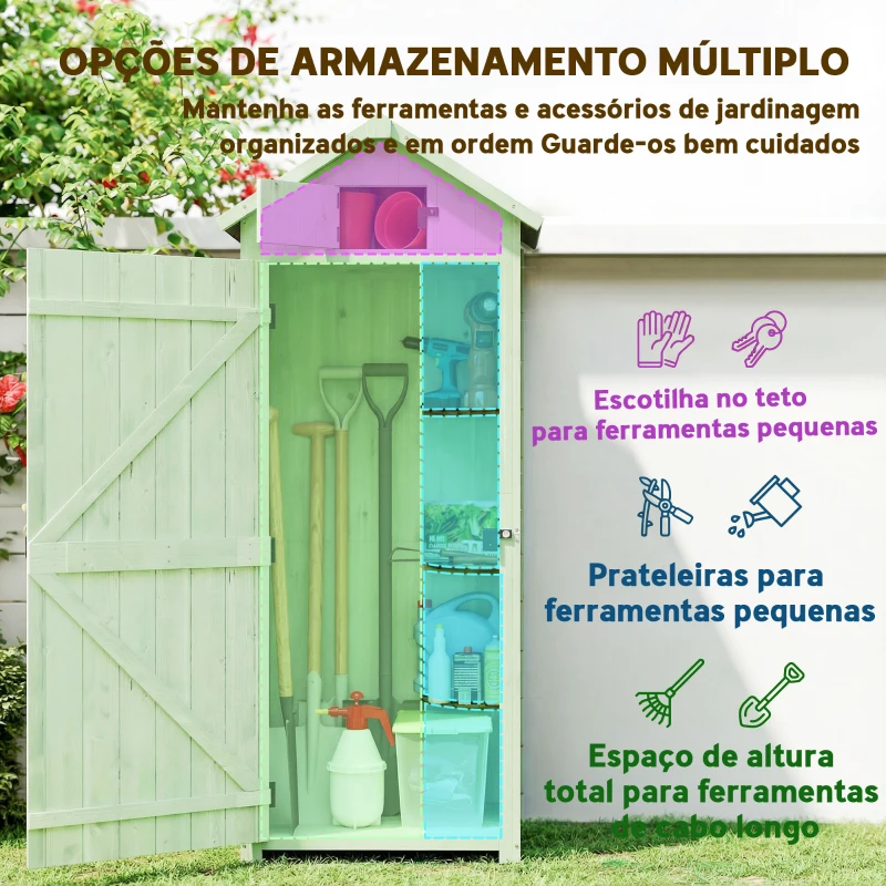 Outsunny Armário de Jardim de Madeira - Cobertizo de Arrumação com Prateleiras 77x54,2x179 cm Verde