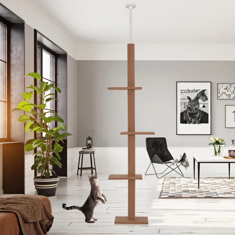PawHut 260cm Floor To Ceiling Cat Tree for Indoor Cats w/ 3 Perches Flannel Upholstery Kitten Pet Rest Sleep Activity Tower Home Furniture Brown