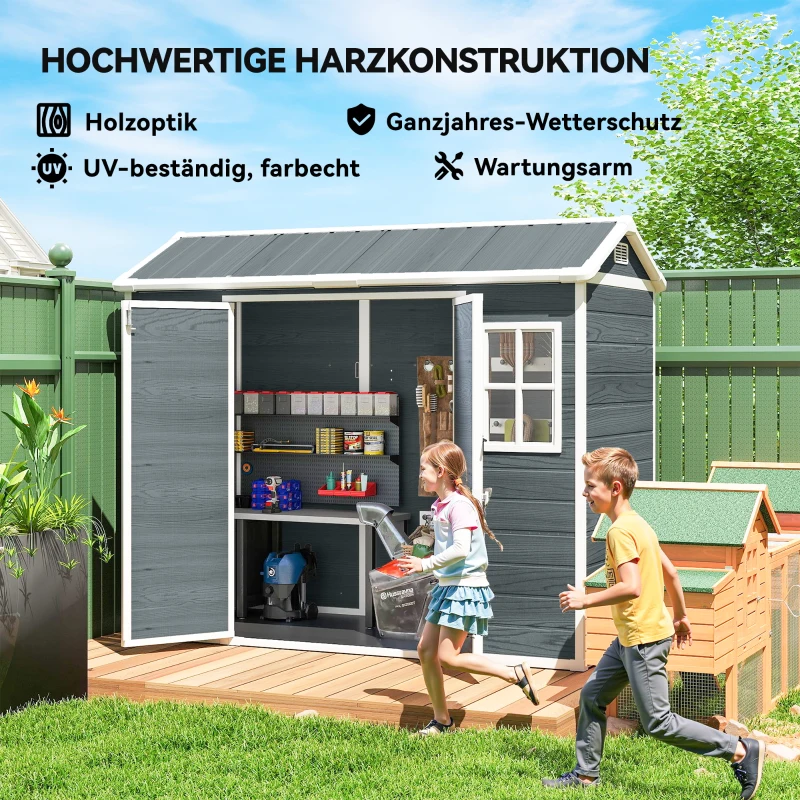 Outsunny Tuinschuur 2,77 m², Opbergschuur met Houtlook 2 Ramen Dubbele Deur Ventilatie Vloer Slot Handschoenen