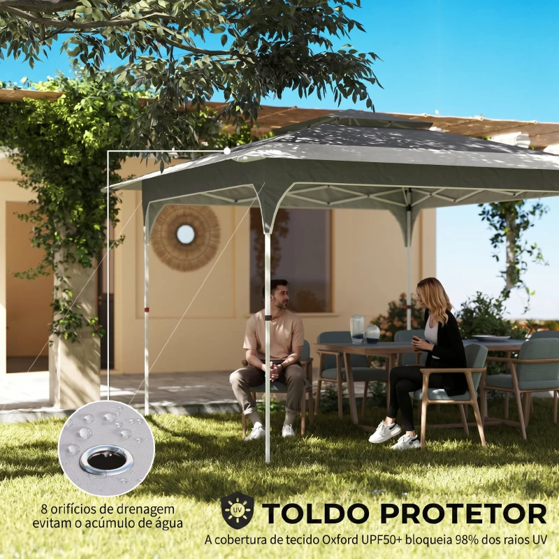 Outsunny Tenda Dobrável 3,5x3,5 m Pop-up com Altura Ajustável 3 Níveis Teto Duplo Fecho Central e Bolsa UPF50+ Cinzento