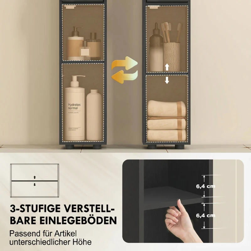 kleankin 180 cm smalle badkamerkast, toiletrolhouder met open vakken en 2 deuren, zwart