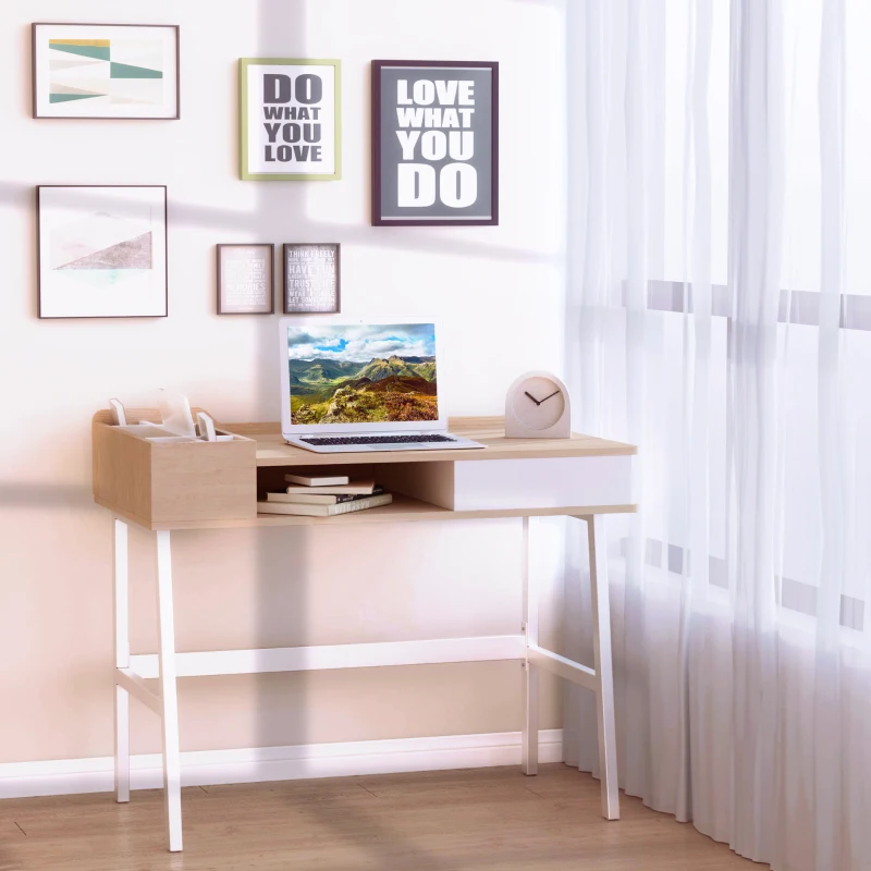 HOMCOM Mesa de Ordenador 80x53 cm Escritorio con 6 Compartimentos Estante Abierto y Cajón de Almacenaje para Oficina Despacho Estudio 100x55x81,5 cm Roble y Blanco