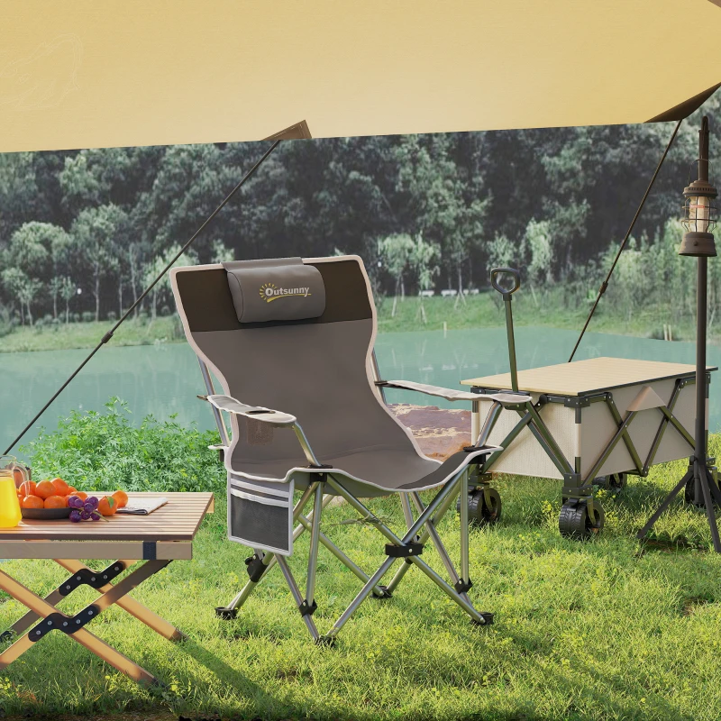 Outsunny Chaise de camping pliante fauteuil de pêche avec repose-pied amovible, appui-tête, porte-gobelet, sac de transport gris