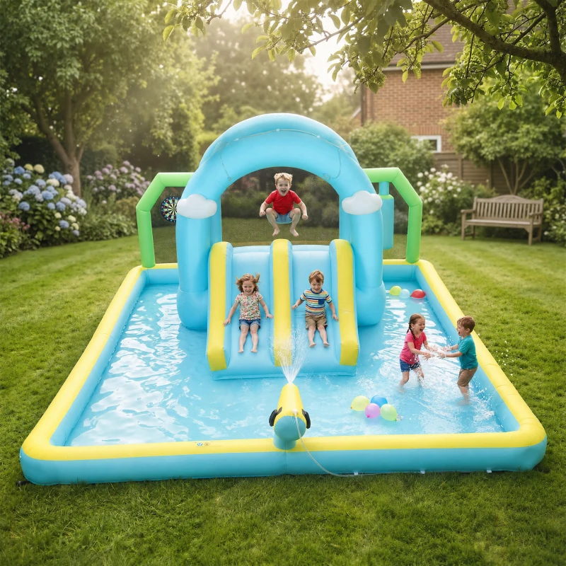 AIYAPLAY Castillo Hinchable Acuático 7 en 1 con Soplador 2 Toboganes Trampolín Piscina Canasta Columna de Boxeo 426x360x198 cm