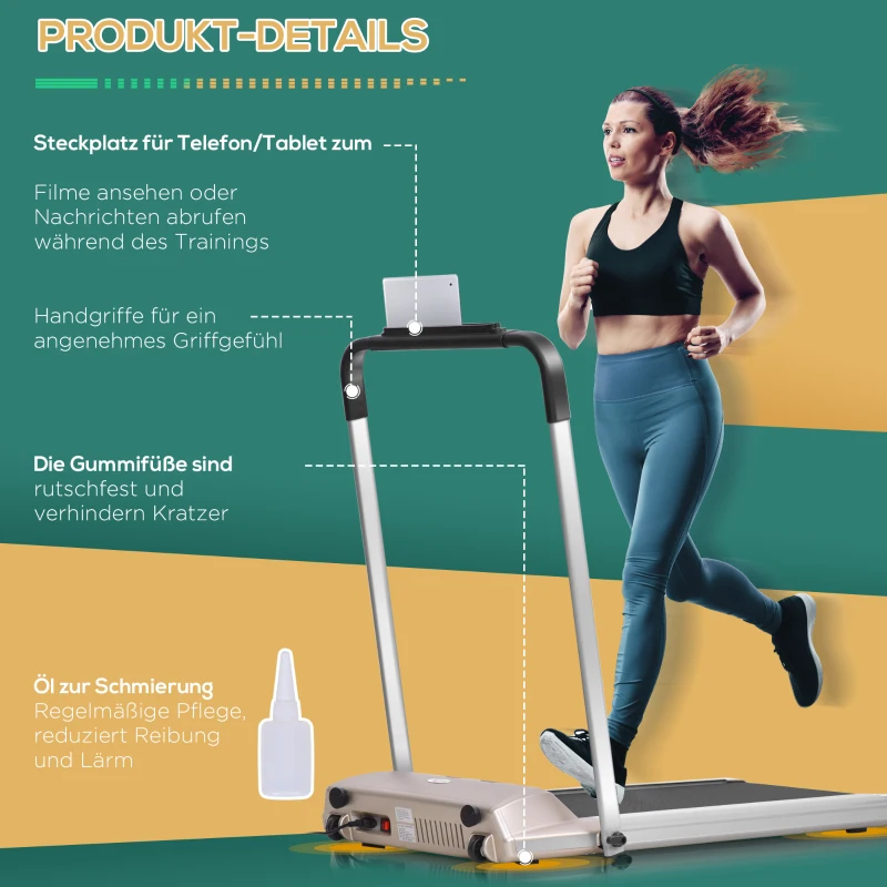 HOMCOM Elektrisches Laufband mit LCD Display, Faltbares Fitnessgerät, 1-10 Km/h, Stahl, Schwarz+ Grau+Champagner, 70 x 128 x 116 cm