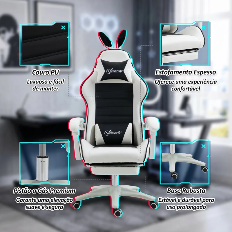 Vinsetto Cadeira Gaming Giratória de Couro PU com Altura Ajustável Inclinável 135° Apoio para a Cabeça 65x63x136-142 cm Branco e Preto