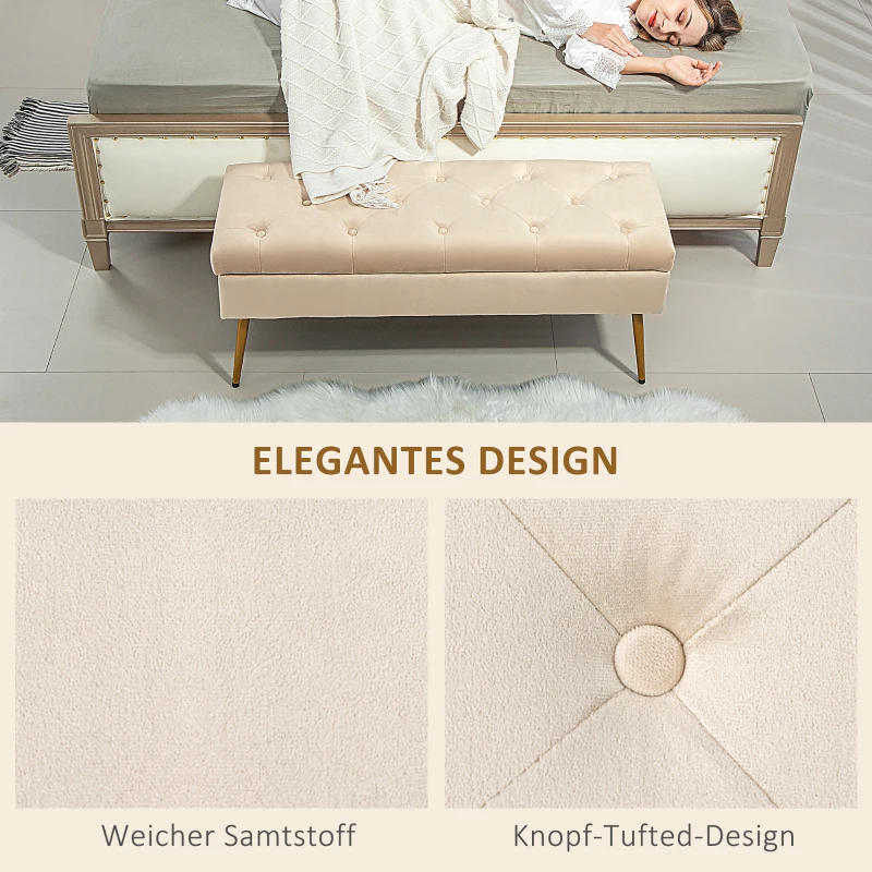 HOMCOM Bank met Opbergruimte, Gestoffeerde Bank met Deksel, Fluwelen Slaapkamerbank voor Hal, Slaapkamer of Woonkamer, Metalen Frame, 102 x 35 x 43 cm, Beige