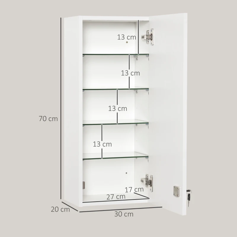 kleankin Armário de Medicamentos de Parede 5 Níveis com Prateleiras de Vidro Ajustáveis Fechadura Chaves 30x20x70 cm Branco