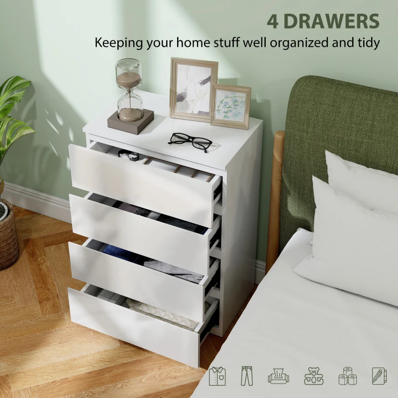 HOMCOM High Gloss Chest of Drawers, 4-Drawer Storage Cabinets, Modern Dresser for Bedroom, White