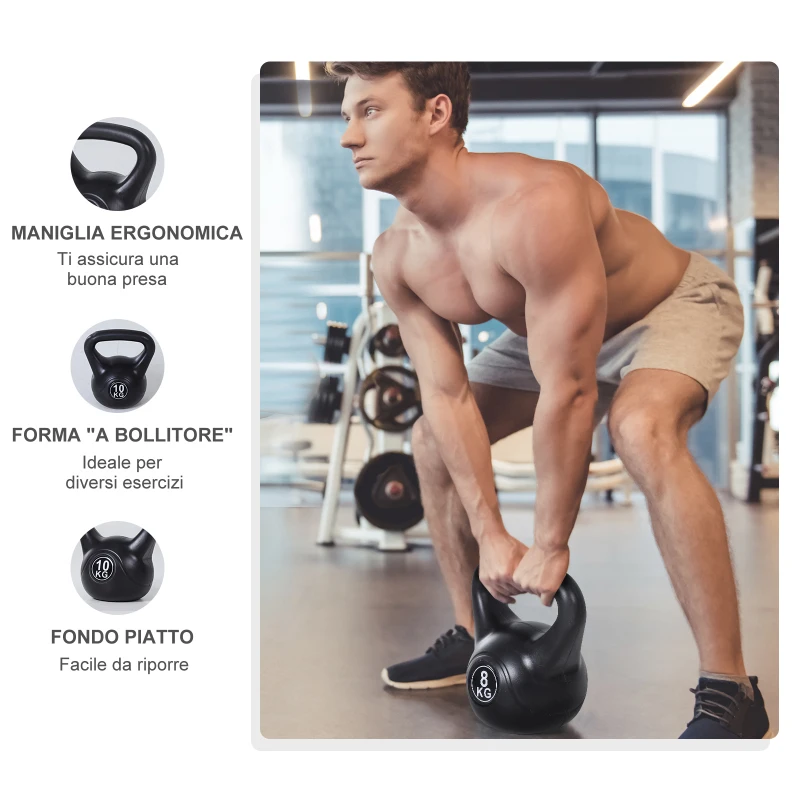 HOMCOM Kettlebell 8kg per Sport e Fitness con Base Piatta e Impugnatura, Kettlebell Pesi per Allenamento Home Gym Casa e Palestra, 22x17x24 cm, Nero