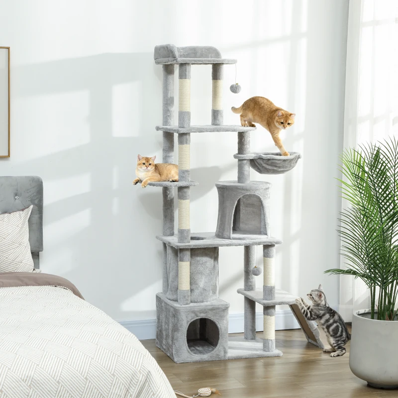 PawHut Arranhador para Gatos Grande com 7 Postes 1 Túnel 3 Plataformas 2 Cavernas 1 Rede 1 Poleiro 1 Rampa Pompons 60x40x170 cm Cinzento
