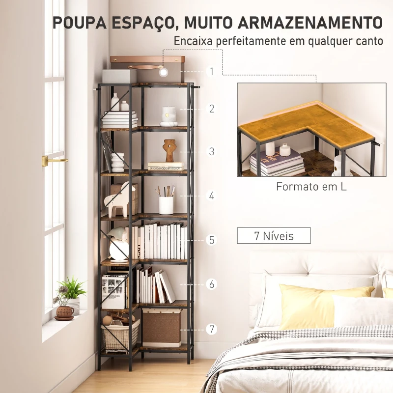 HOMCOM Estante de Canto com 7 Níveis, Estilo Industrial, para Quarto, Sala ou Escritório, 60x60x198 cm, Castanho Rústico