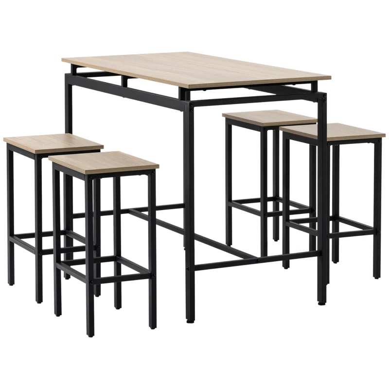 HOMCOM Bartisch, Barhocker, 5-teiliges Set, Industrial Design, Stahlrahmen, Eiche+schwarz, 120 x 60 x 90cm