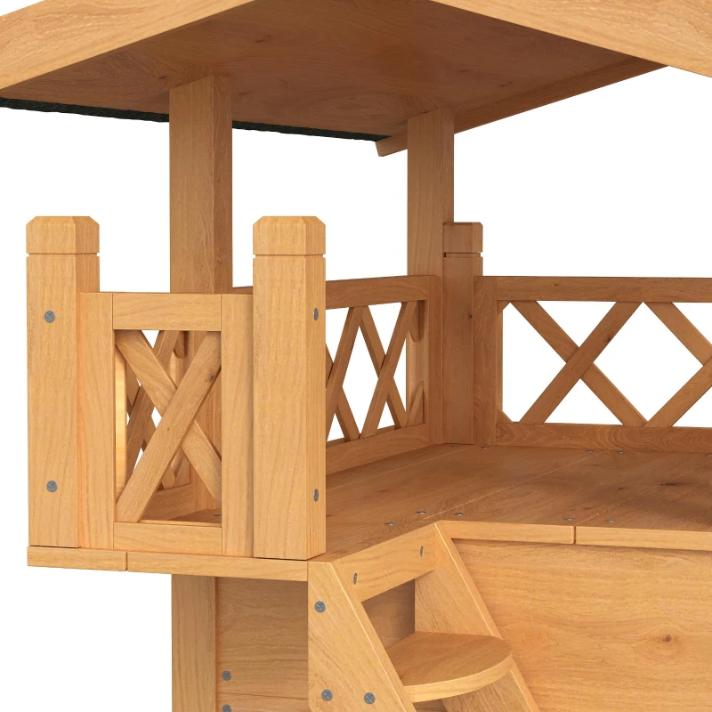 PawHut Kattenhuis Kattenhut Huisdierhut, met dak van asfalt, 2 verdiepingen, 1 ladder, natuurlijk + groen(m-12)