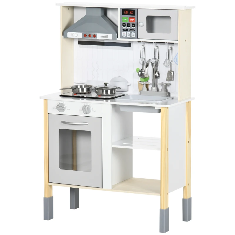 HOMCOM Cozinha Infantil de Madeira Cozinha para Crianças acima de 3 Anos com Altura Ajustável Luz Sons 60x30,5x93,2cm Branco e Cinza