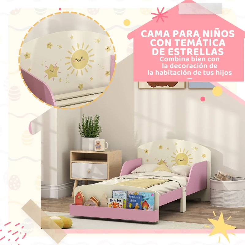 AIYAPLAY Cama infantil para Niños de +3 Años 70x140 cm de Madera con Almacenaje y Dibujos de Estrellas para Dormitorio Rosa