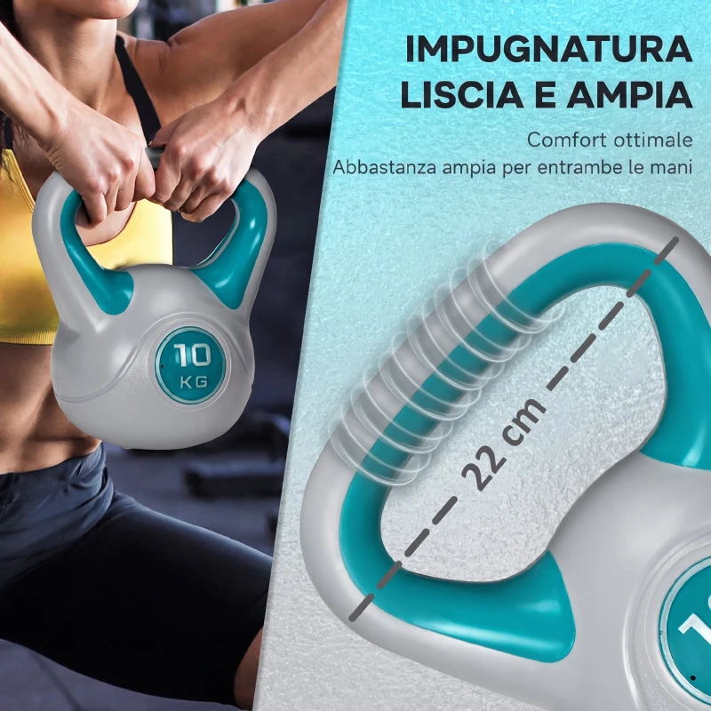 SPORTNOW Kettlebell 10kg in PU e Sabbia con Base Piatta e Impugnatura per Stacchi, Squat e Sollevamenti, 22x16x26 cm, Blu