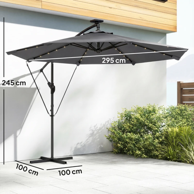 Outsunny Chapéu de Sol Excêntrico com Luzes LED Solares 330x295 cm Chapéu de Sol para Jardim com Base Cruzada Manivela Capa Protetora Cinzento Escuro