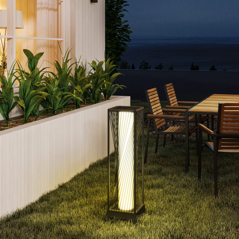 Outsunny Staande Zonnelamp Rattan met Lichtsensor 25 LED Zonnepanelen in Boho-Stijl IP44 Waterdicht Zwart+Grijs