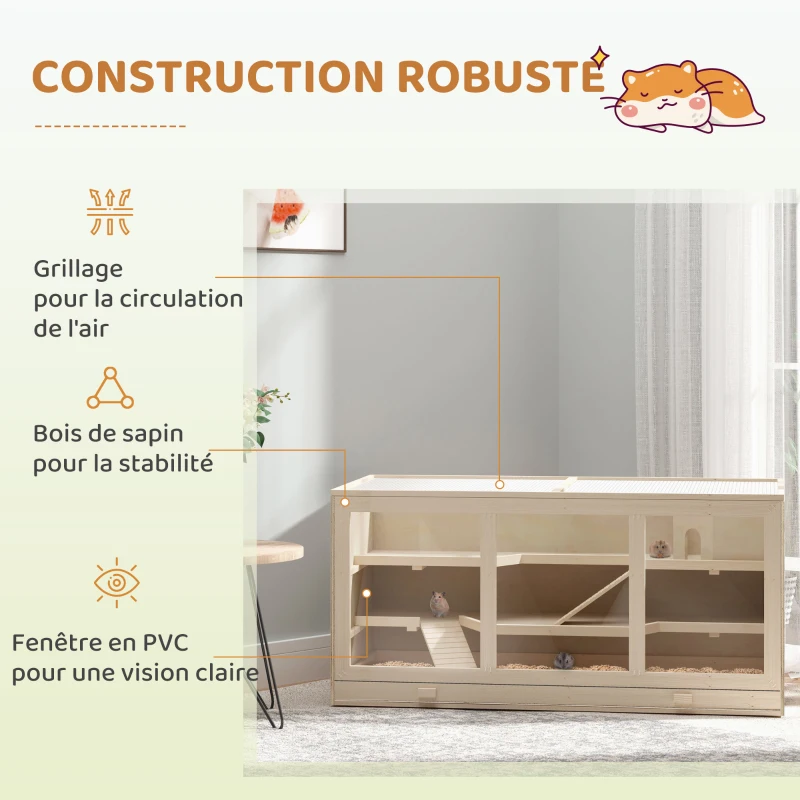 PawHut Cage à hamster cage gerbilles 2 niveaux toit ouvrable fenêtres cabane 2 échelle, 115 x 57 x 55 cm, effet bois naturel