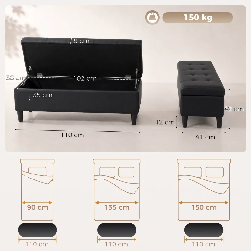 HOMCOM Baúl 136 L Puf Contenedor Reposapiés Grande 110x41x42 cm, Piel Sintética apta para Mascotas, Negro