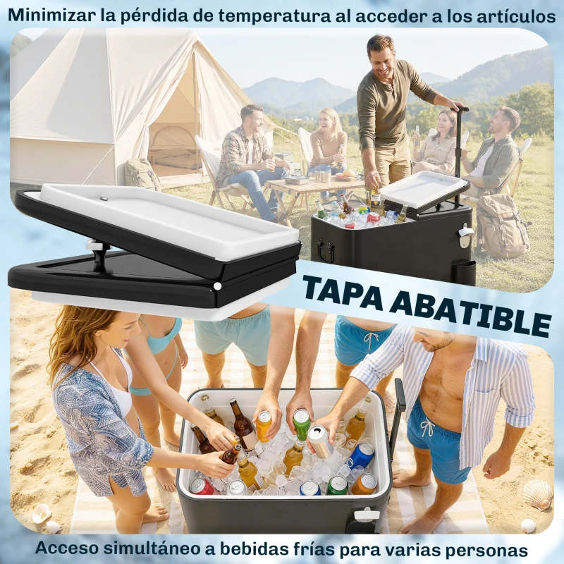 Outsunny Carrito Nevera de 56L con Ruedas Mango Ajustable Abrebotellas Recogetapas Drenaje y Asa 75x35x120 cm Negro