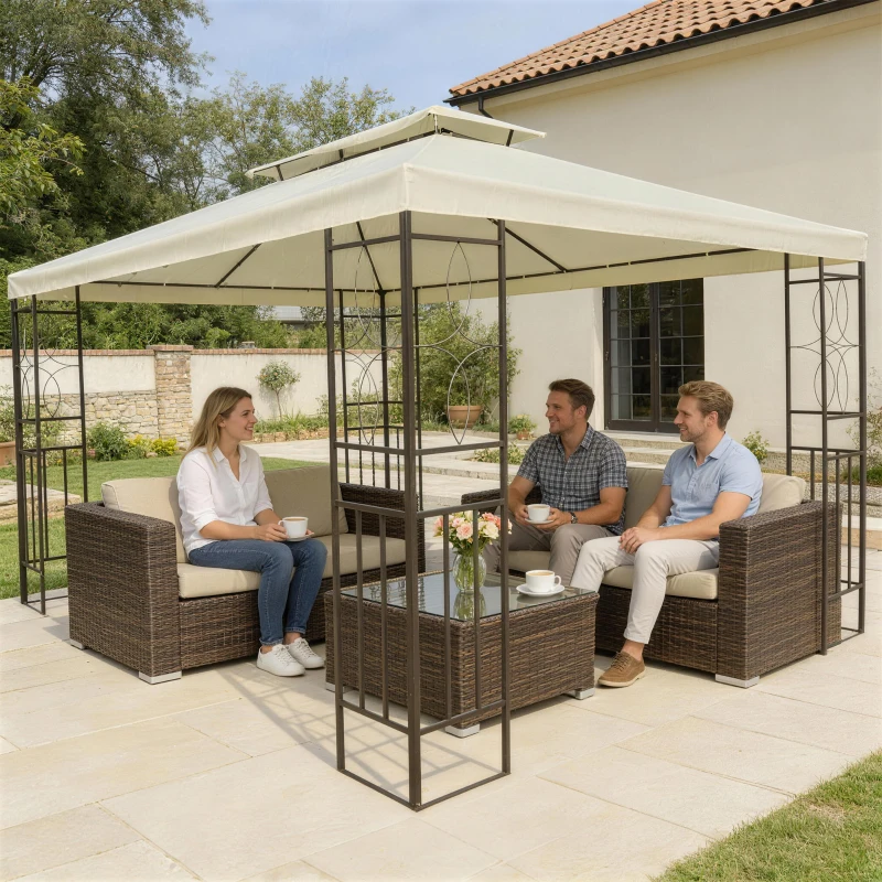 Outsunny Cenador de Jardín 4x3m con Doble Techo Estructura de Acero Anti-UV para Exterior Patio Terraza Blanco Crema