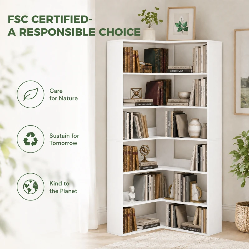 HOMCOM 7 Tiers Bookshelf, L-Shaped Corner Bookcase with Anti-Slip Rear Guard, White Wood Effect