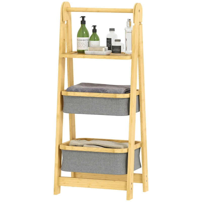HOMCOM Estante Dobrável para Casa de Banho de Bambu com 2 Cestos para Roupa Suja Estante Aberto 44,5x32x99 cm Cinzento