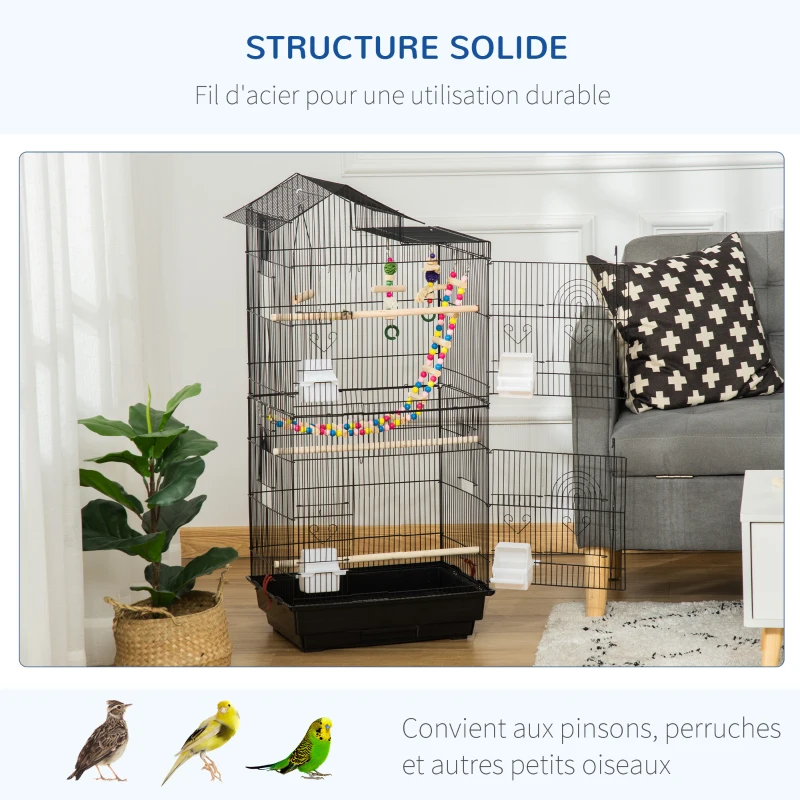 PawHut Cage à oiseaux 46 x 36 x 100 cm 4 mangeoires 3 perchoirs cage pour perruche calopsitte conure pinson canaris