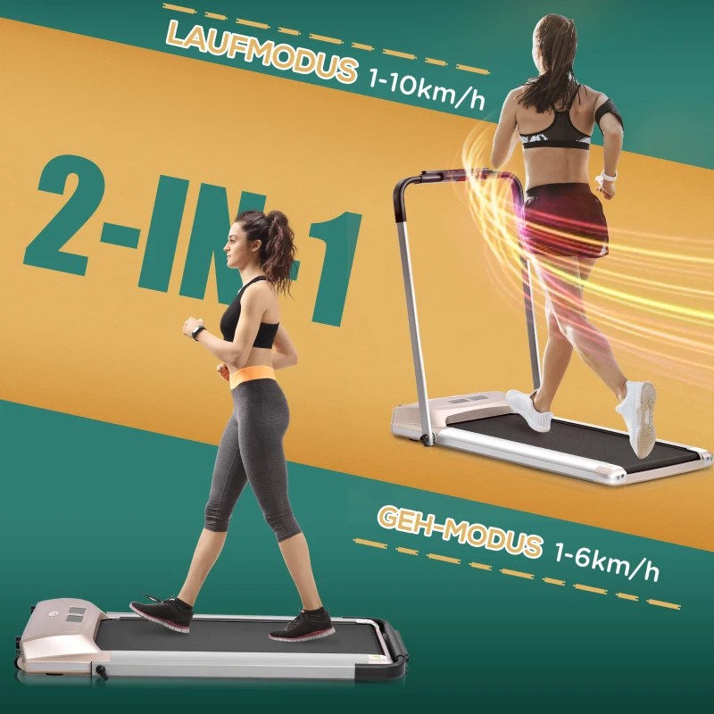 HOMCOM Elektrisches Laufband mit LCD Display, Faltbares Fitnessgerät, 1-10 Km/h, Stahl, Schwarz+ Grau+Champagner, 70 x 128 x 116 cm