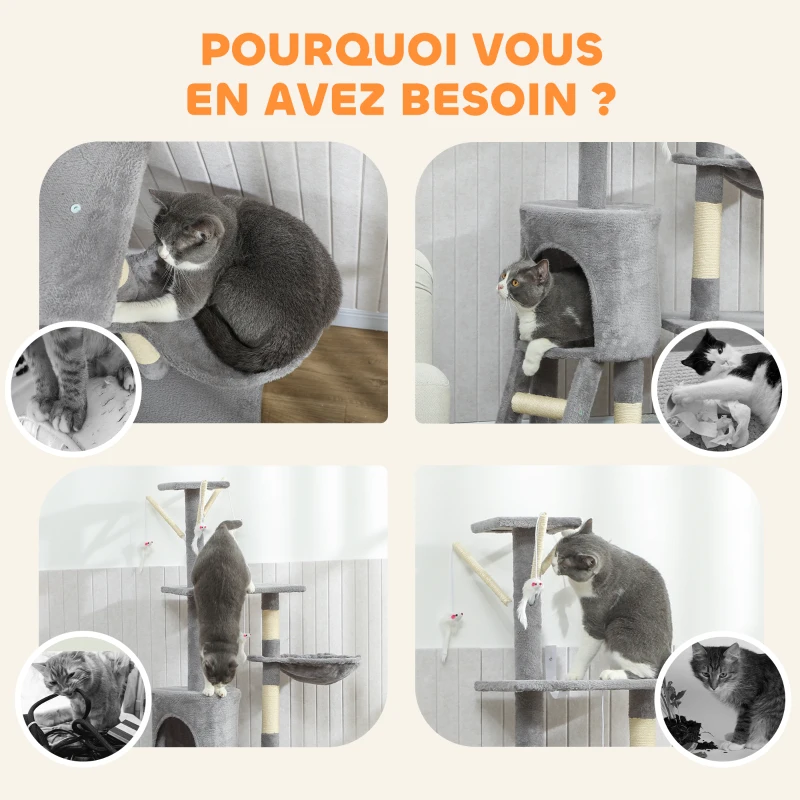 PawHut Arbre à Chat Tour de Jeux pour Chats Stable Multi-Niveaux avec Niche 3 Plate-Formes Hamac 60x35x134cm Gris
