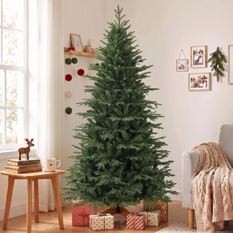 HOMCOM 7ft Artificial Christmas Tree Full Hinged Xmas Tree Solid Pine Wood Stand, Green