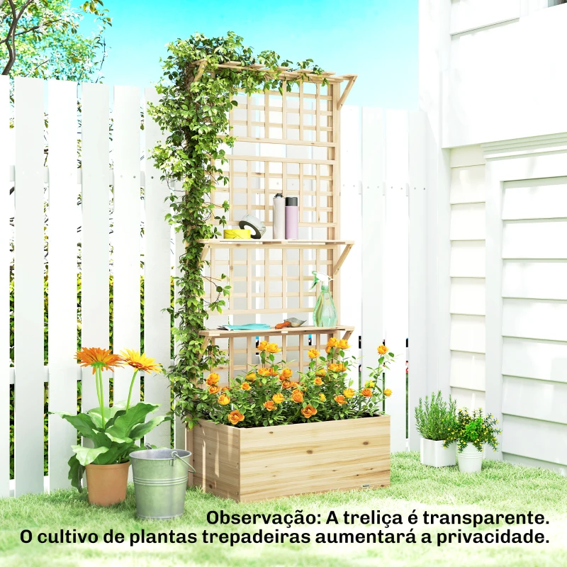 Outsunny Jardineira com Treliça e Teto em Madeira para Plantas Trepadeiras com 2 Prateleiras Drenagem e Forro 76x43,5x177 cm Natural