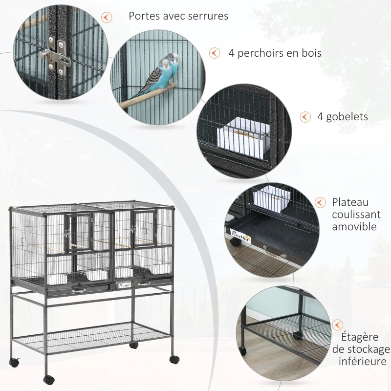 PawHut Cage à Oiseaux Volière Oiseaux Intérieur avec Séparation Mangeoire et Perchoir 95L x 45,5l x 102H cm Noir et Gris